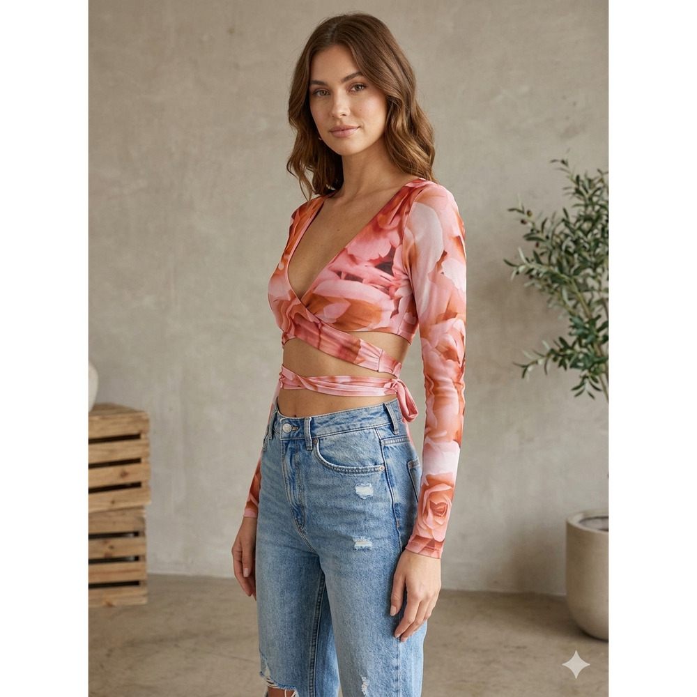 AFRM Peach Roses Floral Mesh Long Sleeve Wrap Crop Top New With Tags‎ XS